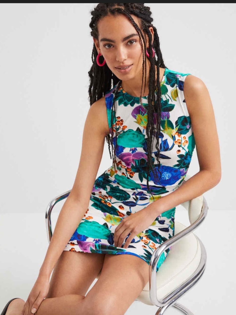 Desigual Floral Ribbed Knit Sleeveless Mini Dress S Side Ruching Bodycon Stretch - Picture 2 of 15